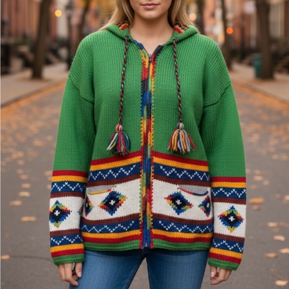 Handmade Sweaters - 1990s Chunky Green Wool Hand Knit Cardigan Zip Up Large Pointed Hood Equador